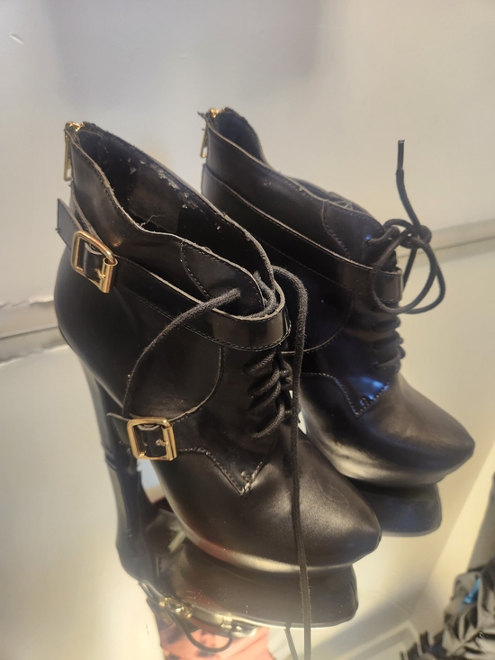 la chateau Shoes - Black Lace-Up High Heel Ankle Boots with Gold Buckle